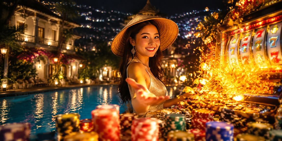 Người chơi slot game tại Đà Lạt với hình ảnh nón lá truyền thống
