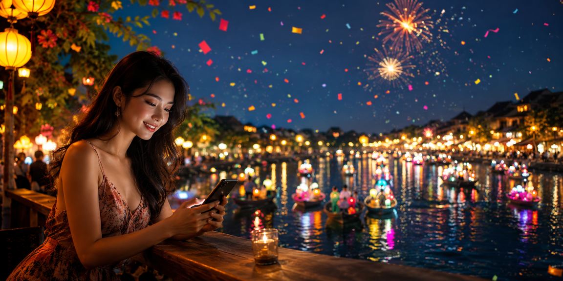 Người dùng Việt Nam sử dụng ứng dụng cá cược mobile tại quán cà phê Hội An