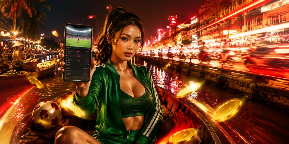Bảng đèn neon đặt cược thể thao bên dòng sông Mekong về đêm